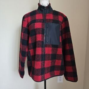 Sonoma NWOT Zip Fleece Jacket Mens M Buffalo Plaid Red Black